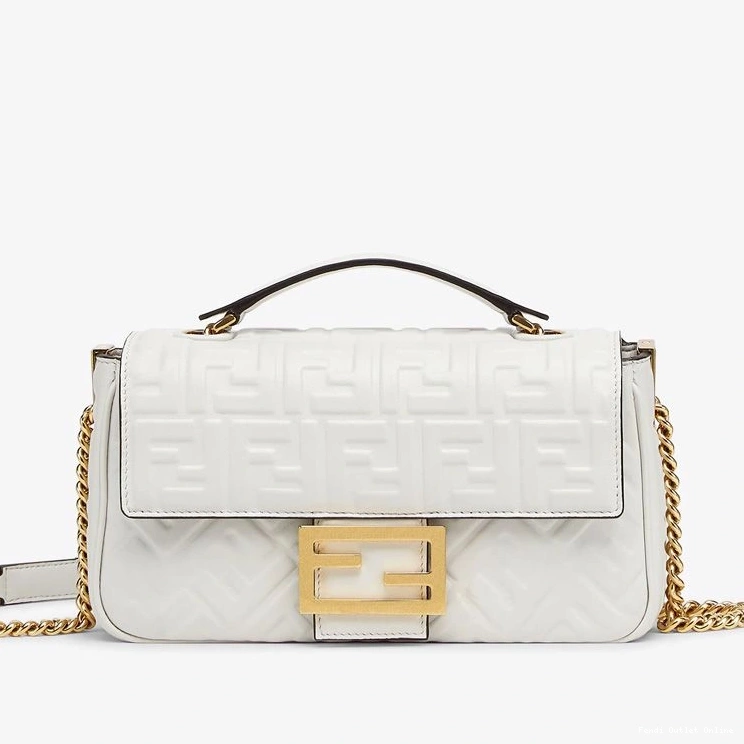 Cheap Bag Fendi In Midi Motif Baguette FF White Leather Nappa Chain 0823